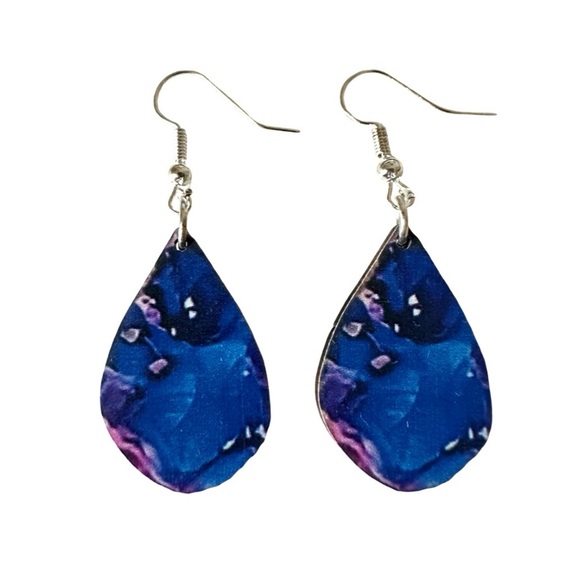 Jewelry - ⭐️ 5 for $25 Blue Boho Wood Abstract Teardrop Hoop Earrings